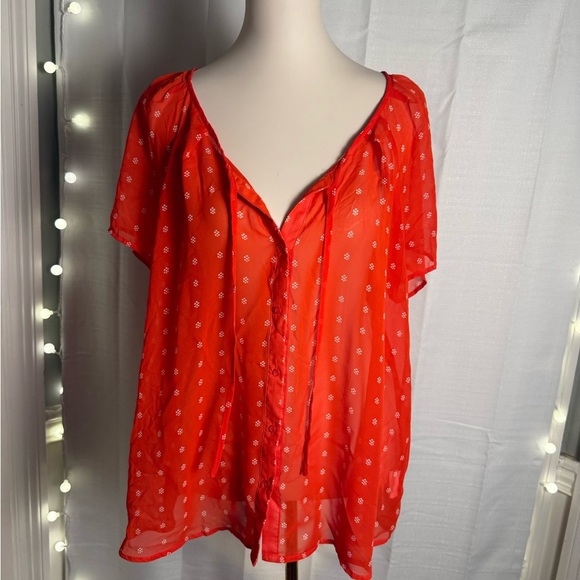 Old Navy White and Orange Blouse with Puff Sleeves and Relaxed Fit - Picture 1 of 5